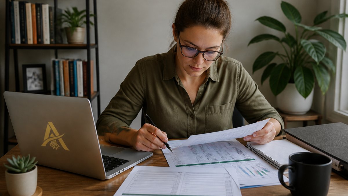 Professional sitting at desk with laptop and financial documents, reviewing cryptocurrency portfolio spreadsheets and transaction records with focused attention