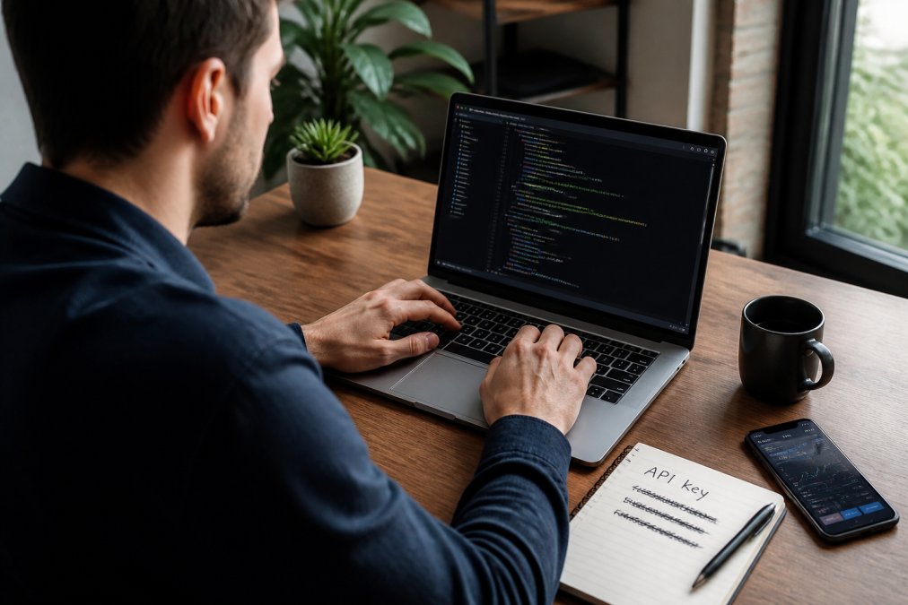 A young professional at a tidy desk setting up a crypto trading bot on a laptop, with a smartphone showing a trading app and a notebook with API key notes nearby