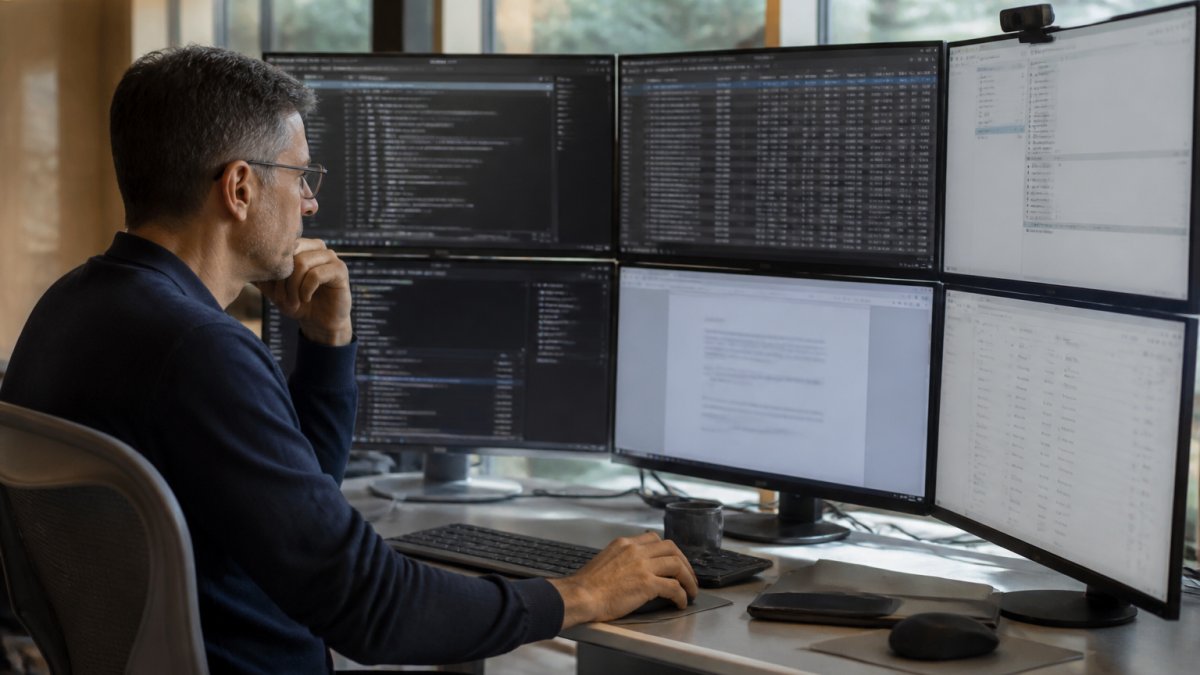 Security architect reviewing audit logs and cryptographic proof of execution on a dashboard in a modern office.