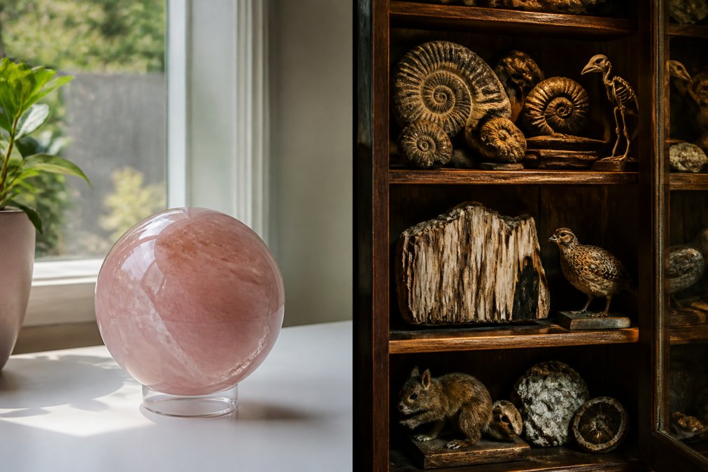 A side-by-side flat lay of two distinct shopping experiences: on the left, a polished blush pink calcite crystal sphere sitting on a clean white desk near a window; on the right, a dimly lit wooden cabinet filled with fossils, petrified wood, and small taxidermy specimens