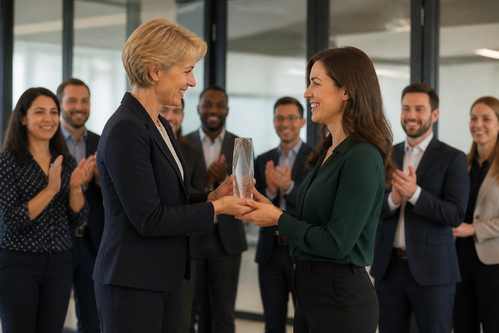 HR director presenting a crystal award to a smiling employee during a formal corporate recognition ceremony in a modern office setting, with colleagues applauding in the background