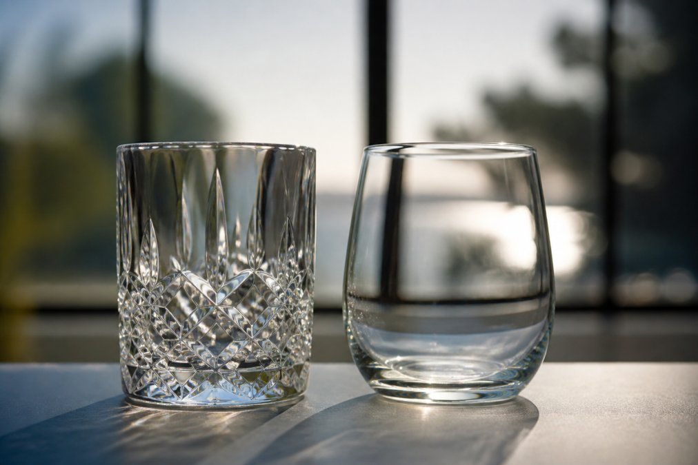 Close-up of crystal and glass drinkware side by side, backlit to show light refraction and sparkle differences, with branded logos visible on both pieces