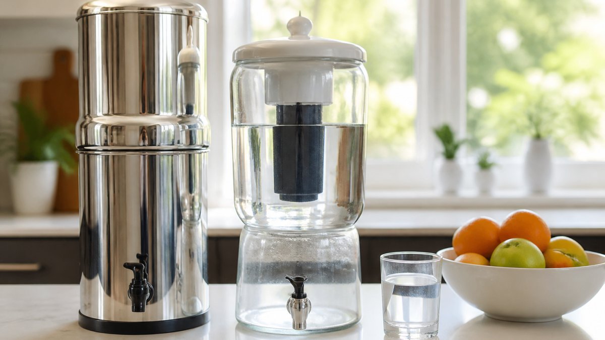 A glass bench top water filter filled with water sitting on a clean kitchen counter next to a glass of water and a bowl of fresh fruit, bright natural light from a window