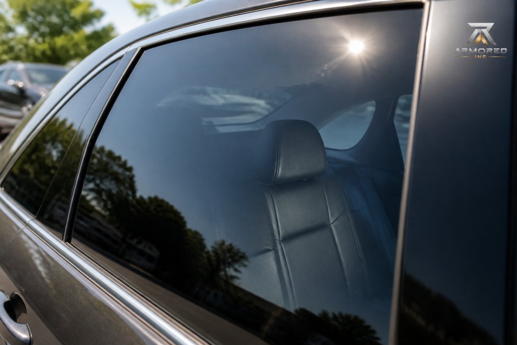 Close-up of a vehicle window with ceramic tint applied, showing clear visibility through the film, light reflection on the glass surface, and the interior shaded from direct sunlight on a bright sunny day
