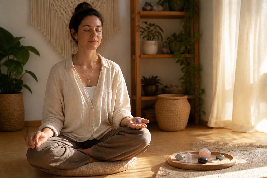 A person sitting cross-legged on a floor cushion in a sunlit room, eyes closed, holding a smooth amethyst tumbled stone in one open palm, with a few other crystals arranged on a small wooden tray nearby