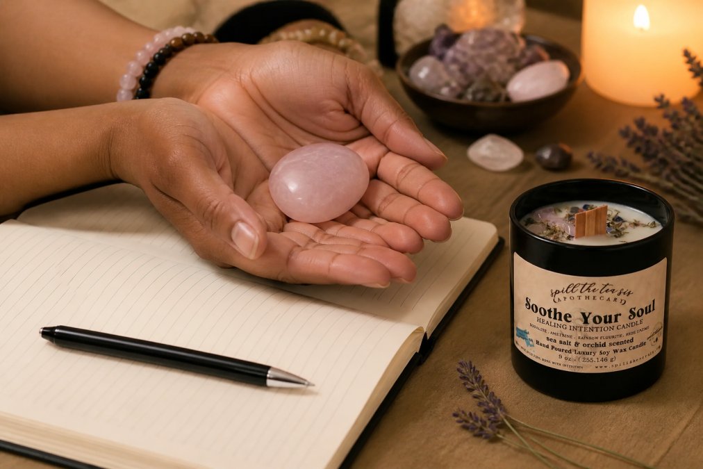 Hands gently cradling a smooth rose quartz stone above an open journal with handwritten intention notes, a lit candle glowing softly in the background, creating a warm and meditative atmosphere