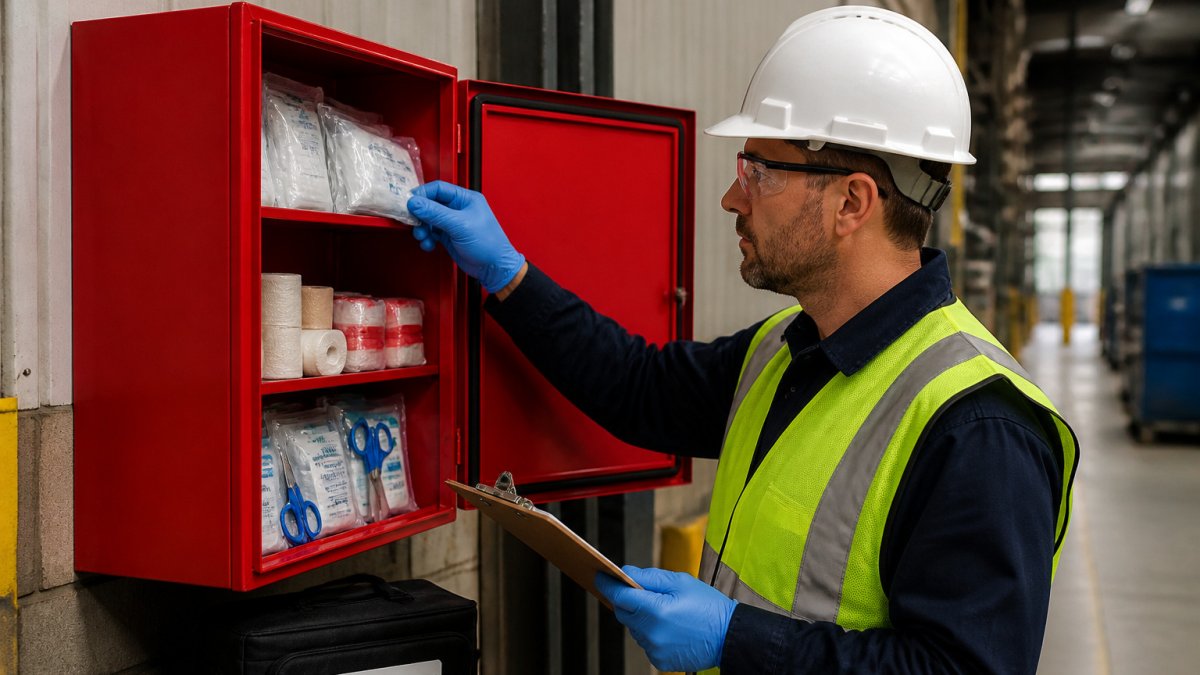 Safety officer in high-visibility gear inspecting supplies in a wall-mounted industrial first aid kit