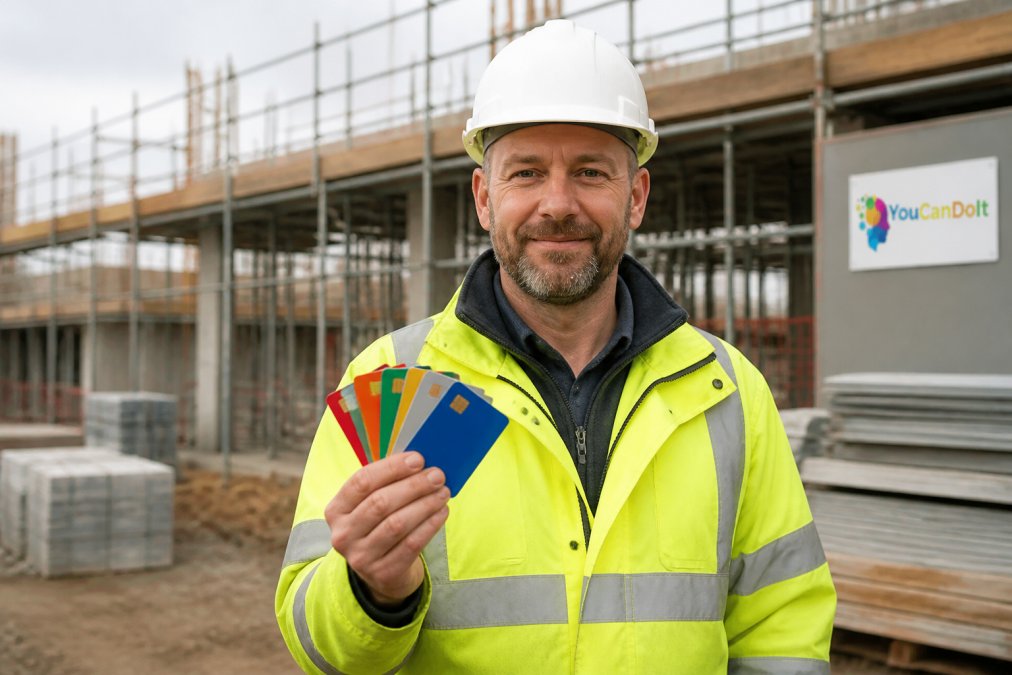 A construction site supervisor in high-visibility clothing and a hard hat holding a stack of coloured plastic site access cards, with a partially built structure blurred behind him