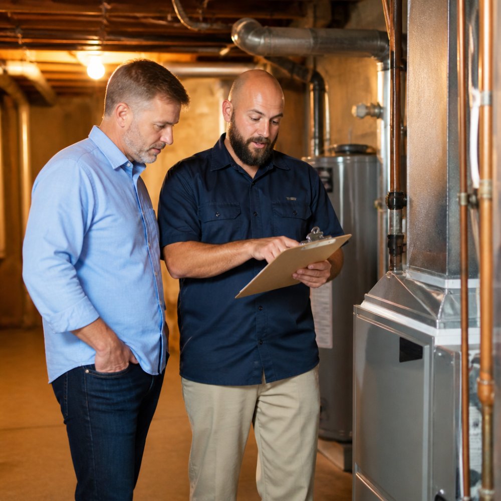A landlord and an HVAC technician reviewing a system plan together in the utility room of a rental property, technician pointing at a clipboard of notes, warm overhead lighting