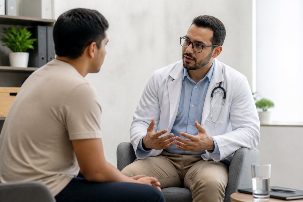 Persona en consulta médica privada con profesional de salud en ambiente cálido y confidencial, discutiendo resultados