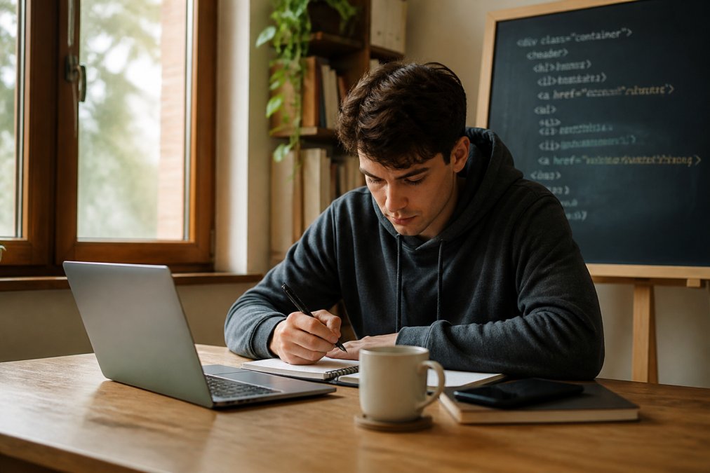 Persona joven estudiando código en un portátil en una mesa de casa, con cuaderno de notas, taza de café y una pizarra con código al fondo, luz natural de ventana