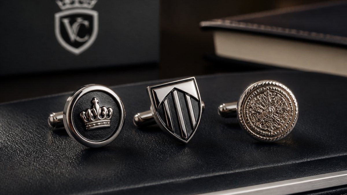 Close-up of three distinct cufflinks with polished finishes displayed on a dark leather surface with soft studio lighting, showing sterling silver crown design, shield architectural lines, and vintage coin detail