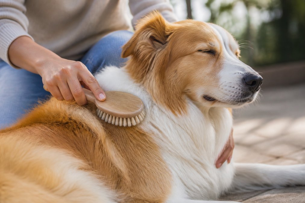 Close-up of hands gently brushing a dog's thick coat with a soft-bristled brush, showing proper technique and the dog's relaxed expression in natural daylight