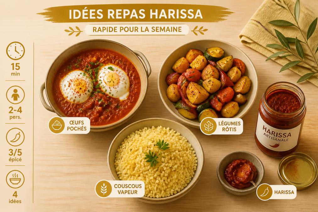 Vue de dessus d'une table en bois avec plusieurs petits plats colorés : œufs pochés dans une sauce rouge épicée, légumes rôtis dorés et un bol de couscous vapeur, avec un pot de harissa artisanale ouvert à côté, lumière naturelle chaude