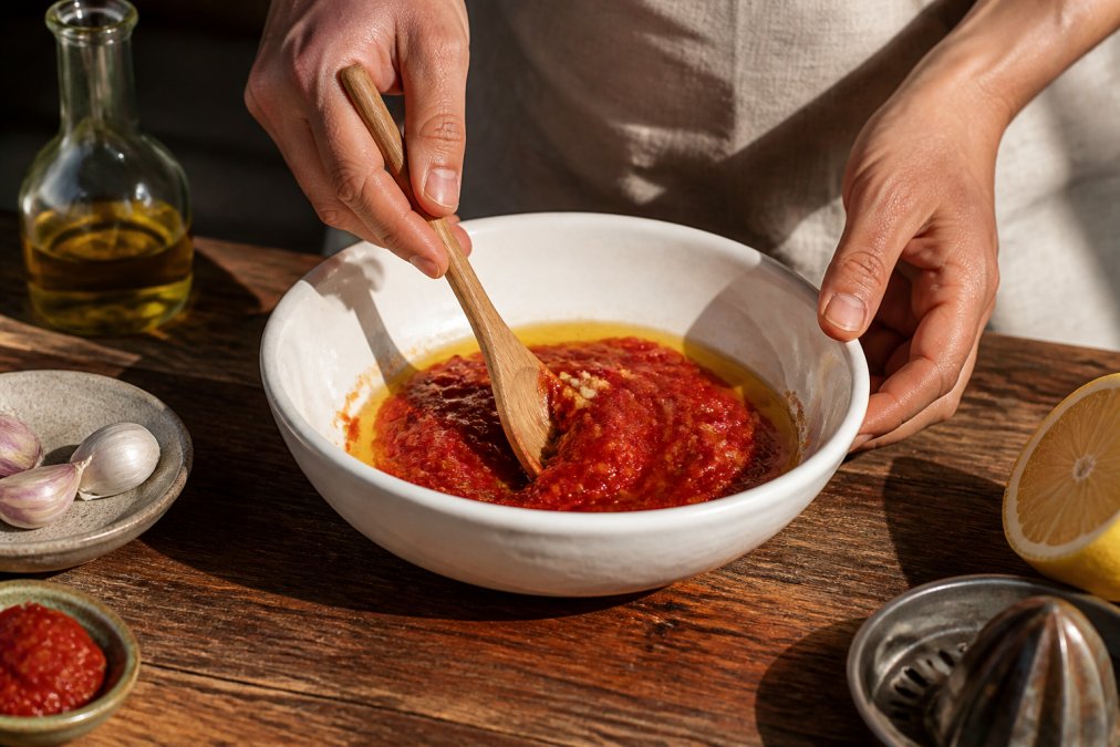 Mains préparant une marinade dans un bol en céramique blanc : harissa rouge vif, huile d'olive dorée, ail écrasé et jus de citron mélangés avec une cuillère en bois, sur un plan de travail en bois naturel, lumière naturelle de côté