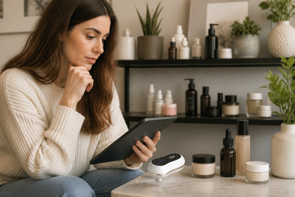 Woman browsing curated skincare products on a tablet in a minimalist home setting, with carefully arranged beauty bottles and jars on a shelf behind her