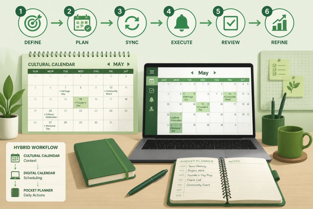Hybrid workspace showing cultural calendars vs standard office planners integrated with digital and pocket tools.