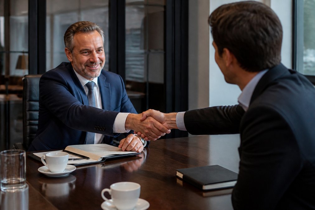 A business professional in a smart suit shaking hands with a colleague across a polished meeting room table, notebooks and coffee cups visible, formal European office setting