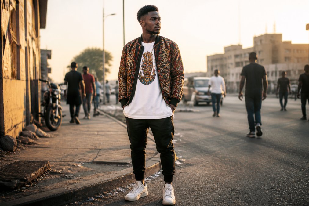 Young man in a patterned bomber jacket and graphic tee standing on a city street at golden hour