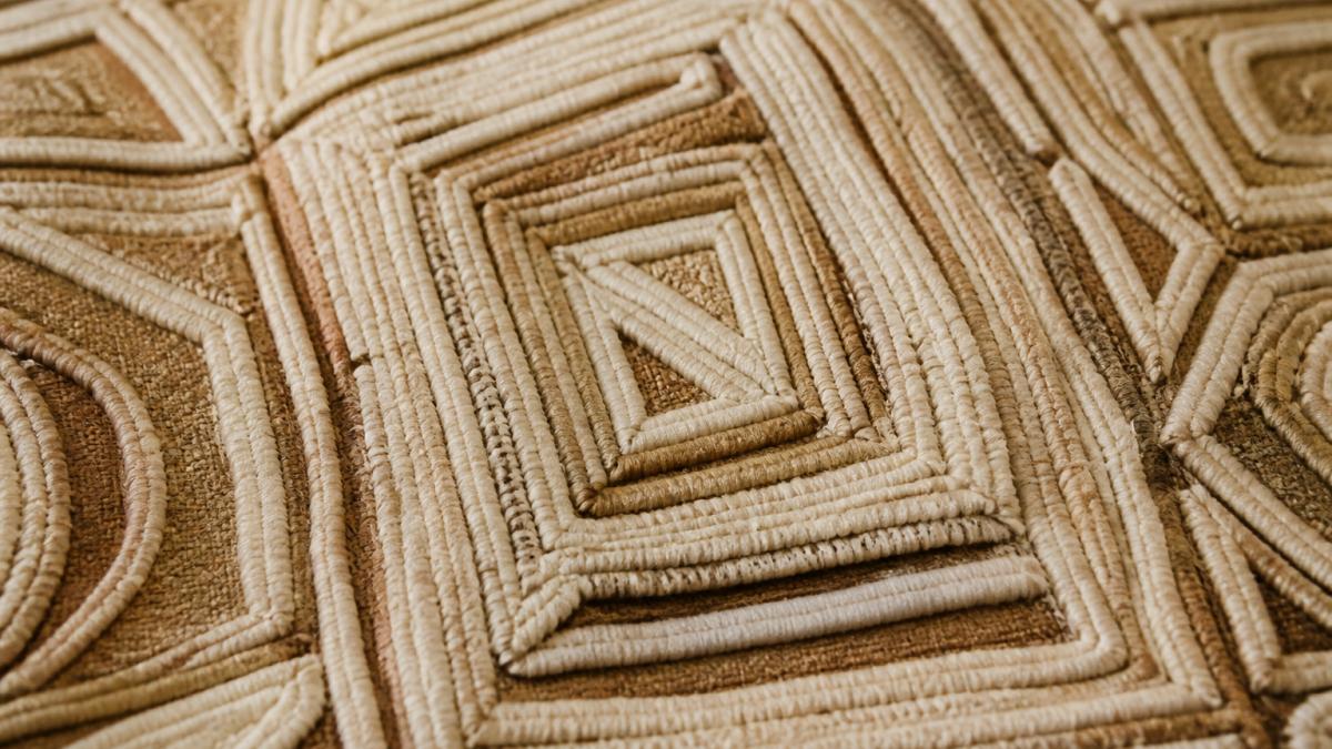 Close-up of intricate Kuba cloth with sculptural relief embroidery showing geometric patterns in cream and tan fibers, with three-dimensional texture catching light