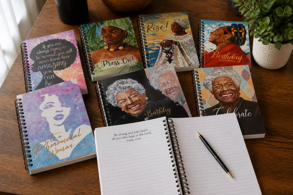 A collection of spiral-bound journals with beautiful Black art covers displayed on a wooden desk, with one open journal showing lined pages and scripture at the top, alongside a pen and warm lighting