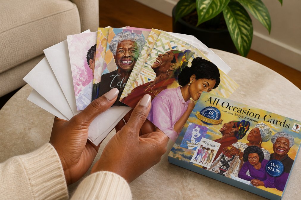Hands holding a stack of colorful greeting cards featuring Black women artwork and heritage designs, with white envelopes fanned out, showing the premium cardstock quality and diverse card designs