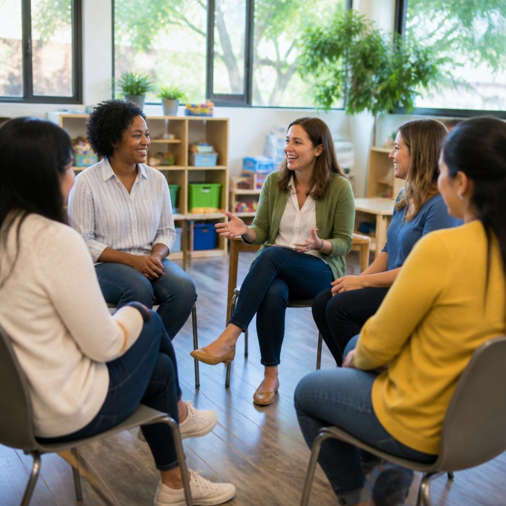Small group of early childhood educators sitting in a circle during a staff meeting, engaged in animated conversation and smiling, with natural light streaming through windows in the background