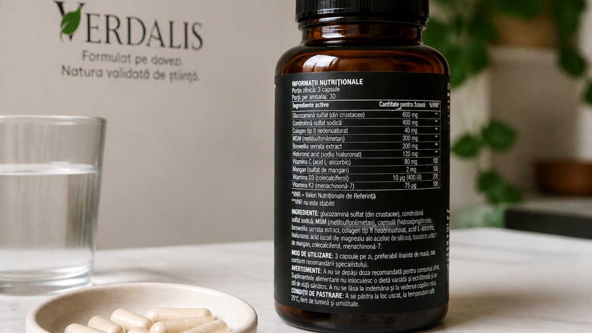 Fotografie de aproape a unei etichete de supliment articular pe o sticlă de sticlă, cu lista de ingrediente, cantitățile declarate și informații nutriționale clar vizibile pe un blat alb