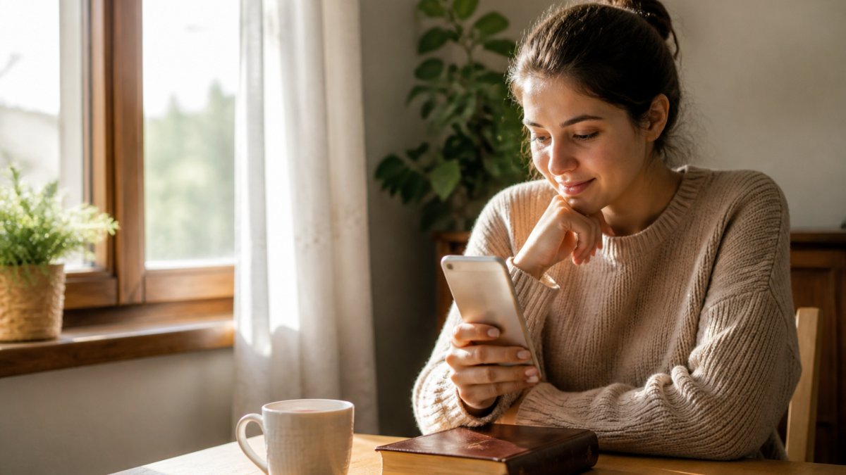Tânără citind pe telefon o aplicație biblică dimineața, cu o cană de ceai pe birou și o Biblie fizică lângă ea, lumină naturală din fereastră, expresie de pace și concentrare