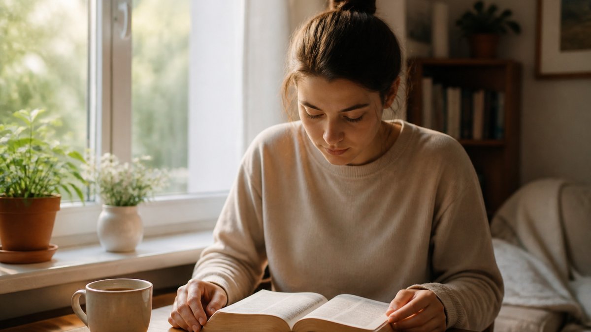 Tânăr citind Biblia lângă fereastră cu o cană de ceai pentru un studiul Bibliei zilnic liniștit și relaxant
