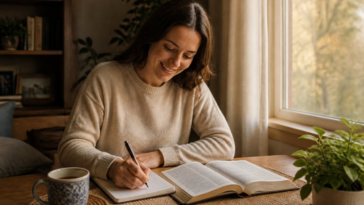 O persoană zâmbitoare care studiază Biblia și scrie într-un jurnal, exemplificând cum să integrezi credința în rutina