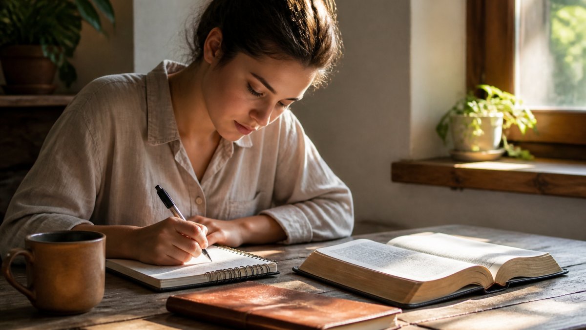 O persoană studiază Biblia la o masă pentru a înțelegi parabolele, notând idei într-un carnețel lângă fereastră.