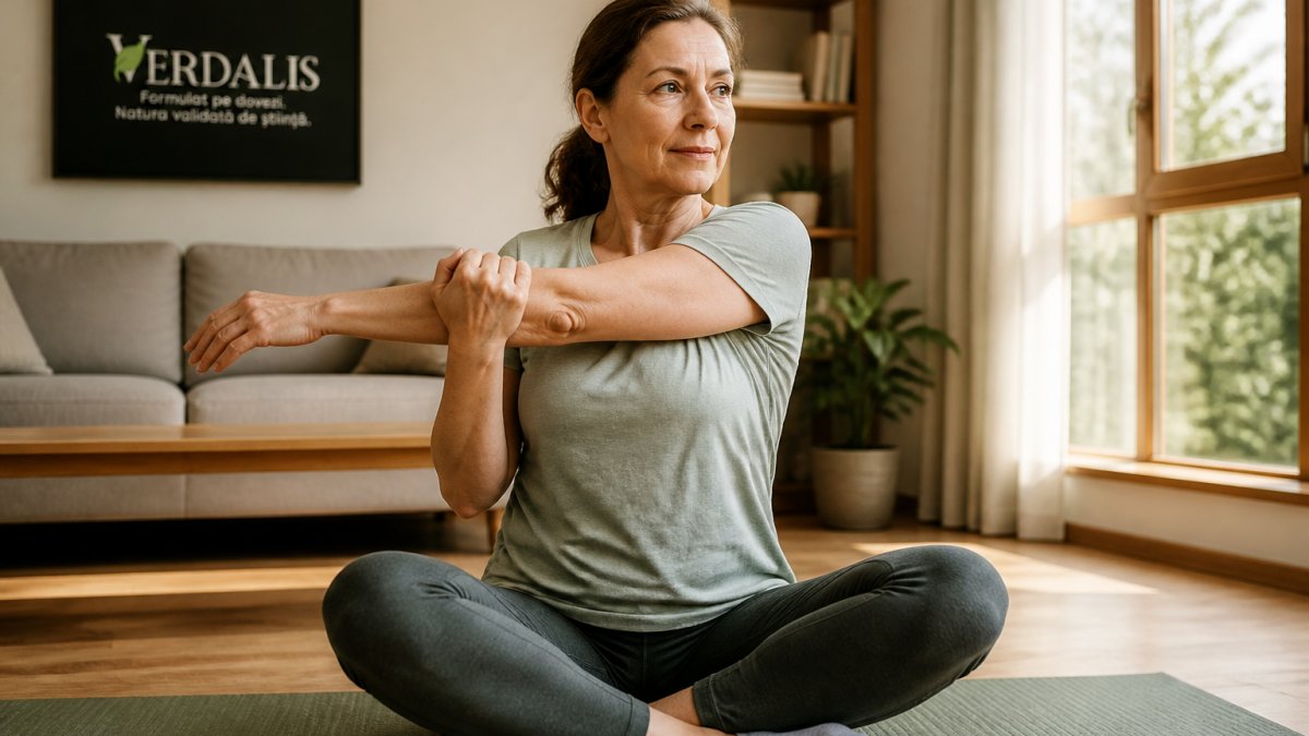 A Romanian woman in her fifties performing a gentle shoulder mobility exercise on a mat in a bright living room, wearing comfortable sportswear, morning light through the window, calm and focused expression