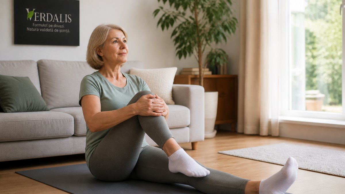 Femeie de 60 de ani făcând exerciții de stretching pentru a menține mobilitatea articulară după 50 ani în living