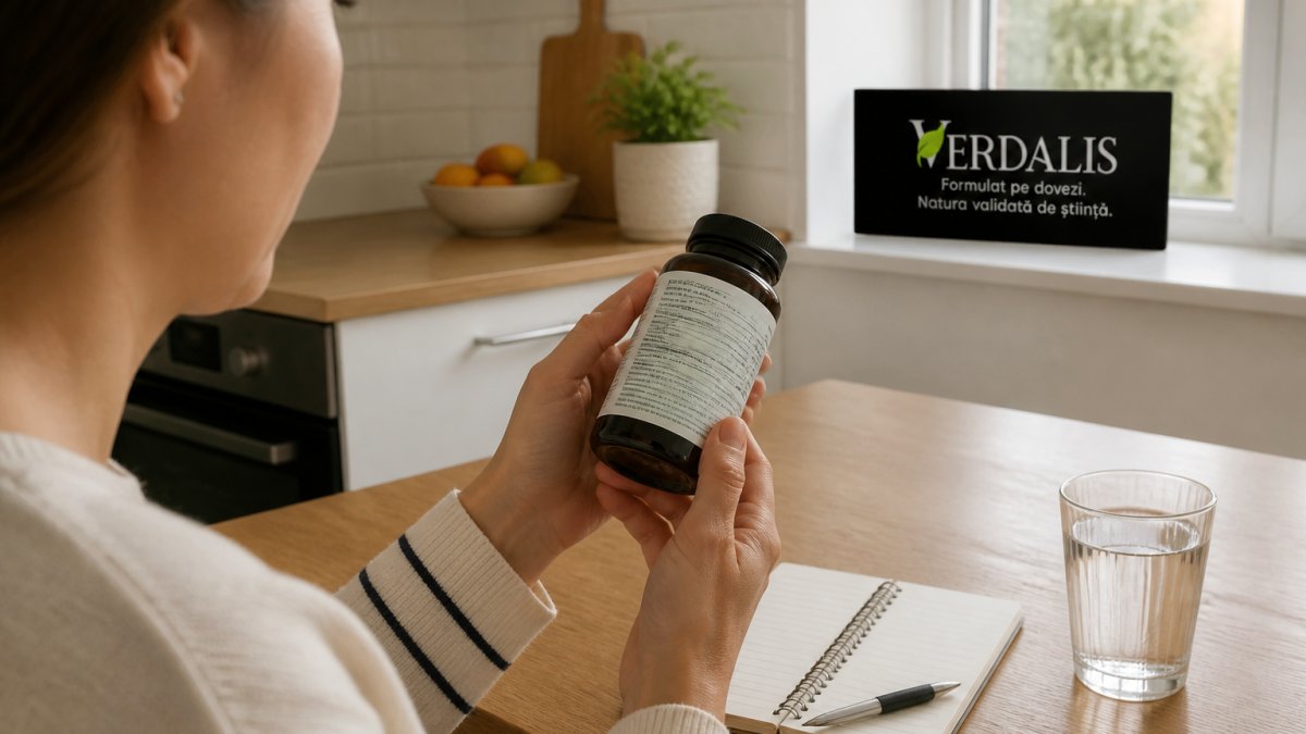 Close-up of a person's hands holding a food supplement bottle and reading the back label in a bright kitchen, with a notepad and pen nearby on a wooden table