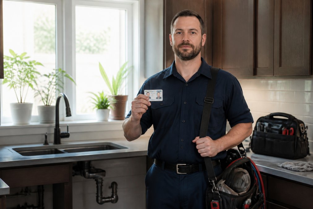 Licensed plumber in uniform holding professional credentials and standing confidently with diagnostic equipment and tools in a residential home setting, natural light from windows