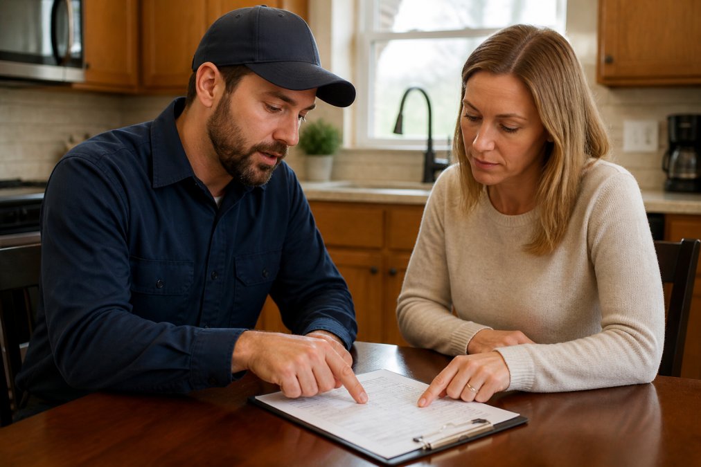 Professional plumber discussing detailed written estimate with homeowner at kitchen table, both reviewing documents and pointing at specific line items, warm indoor lighting