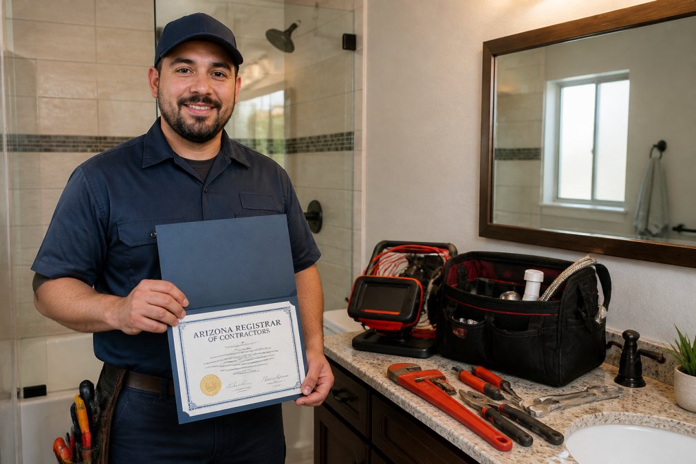 Licensed plumber in professional uniform holding credentials and Arizona Registrar of Contractors certificate while standing confidently in a residential bathroom with diagnostic equipment and tools visible on the counter