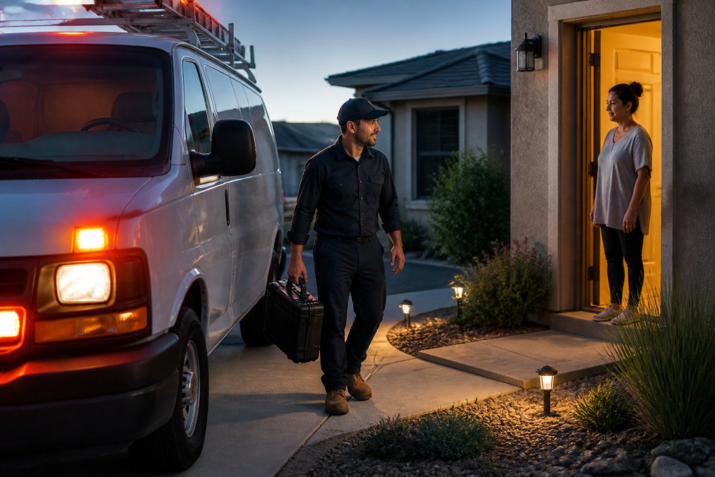 Plumber's service van with emergency lights pulling up to a residential home during evening hours, technician stepping out with diagnostic equipment case while homeowner watches from the doorway