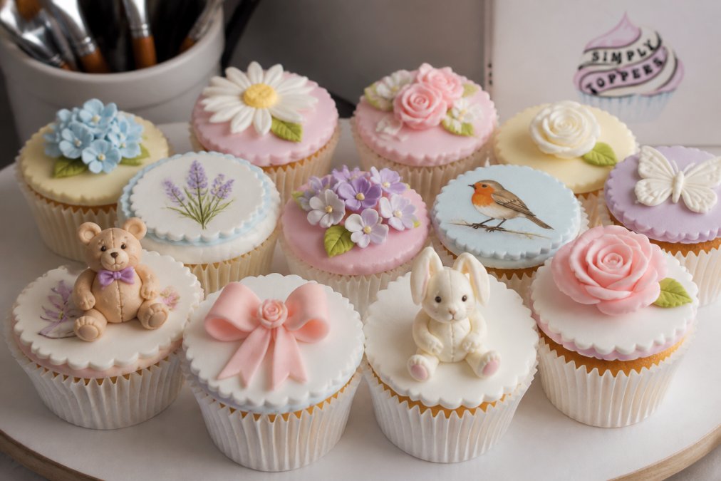 Close-up of beautifully decorated cupcakes with handmade sugar paste toppers in various designs, showing intricate hand-painted details and craftsmanship on white and pastel-coloured toppers