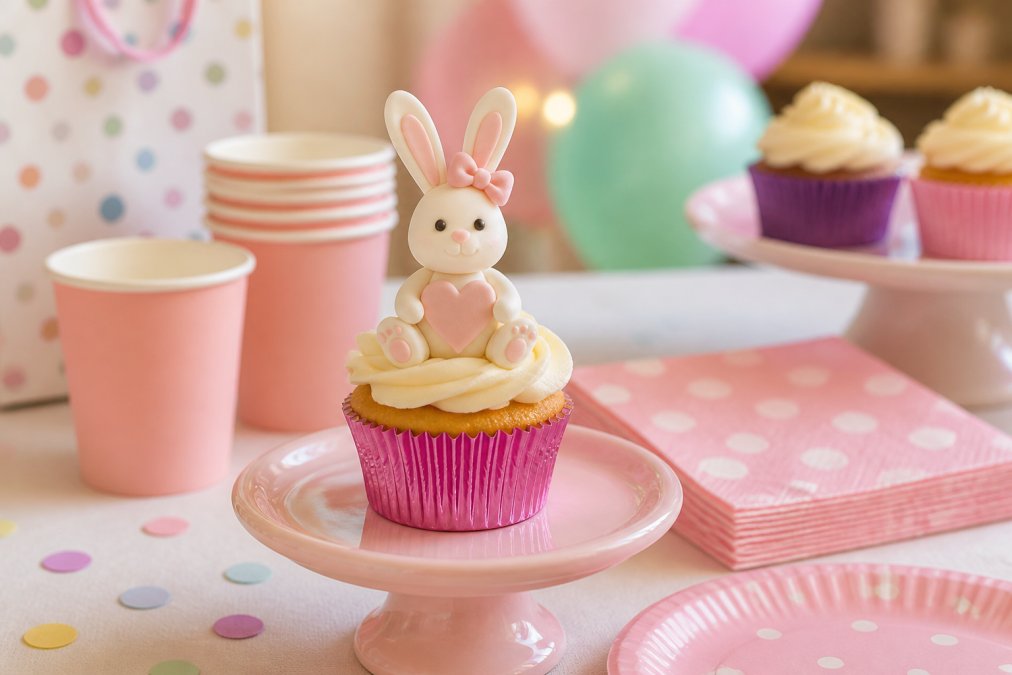 A close-up photograph of a decorated cupcake topped with a handmade edible sugar paste rabbit topper, sitting on a cake stand at a bright children's birthday party table with paper cups and party napkins in soft focus behind it