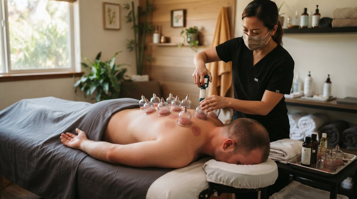 Licensed practitioner performing cupping therapy on patient's back during treatment session in calm wellness clinic with soft lighting and serene environment