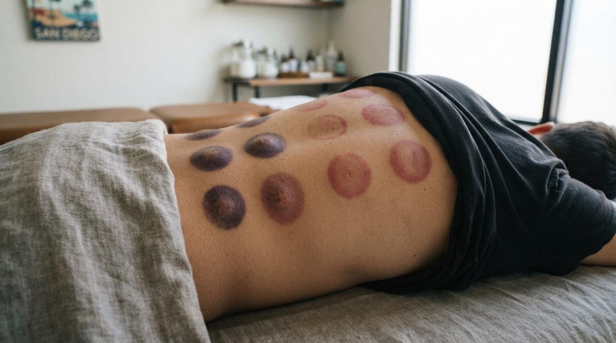 Close-up of cupping marks on skin showing typical red and purple discoloration patterns in varying intensities after treatment session