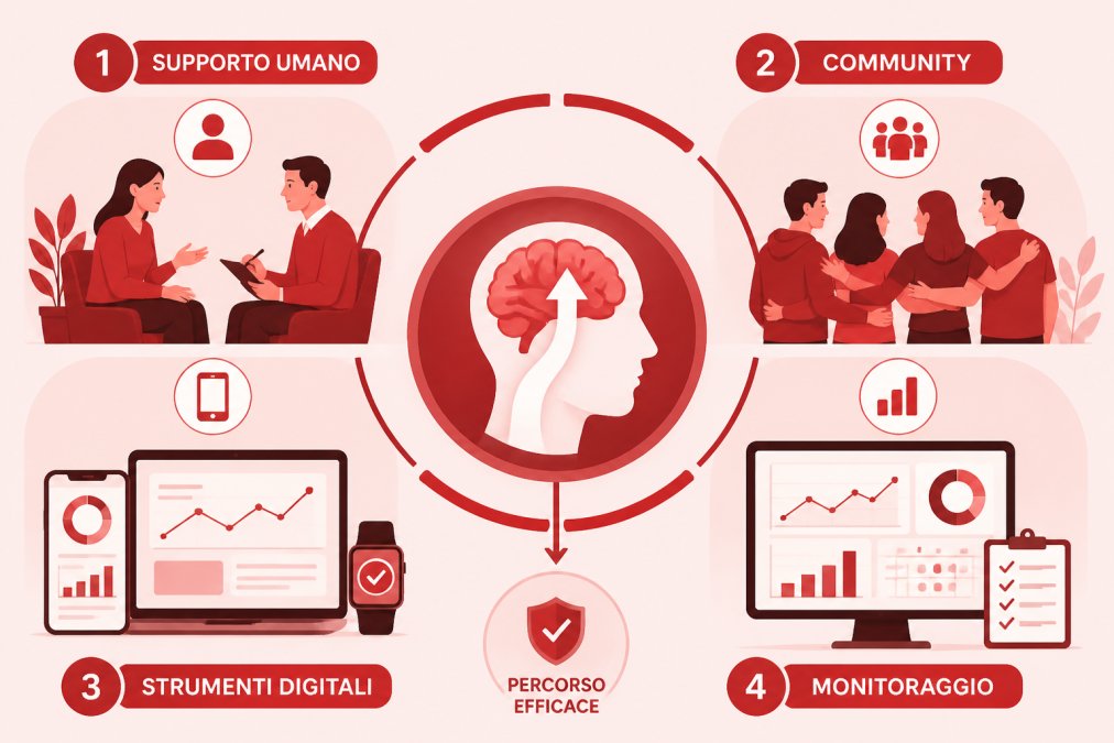 Diagramma a quattro blocchi di un metodo validato scientificamente: supporto umano, community privata, strumenti digitali di monitoraggio, valutazione clinica periodica