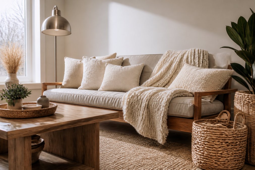 Modern living room with coordinated textures including plush cream throw pillows, a chunky knit blanket draped over a wood-frame sofa, woven rattan baskets, metal floor lamp, and natural wood coffee table arranged cohesively on a neutral beige rug with soft afternoon lighting