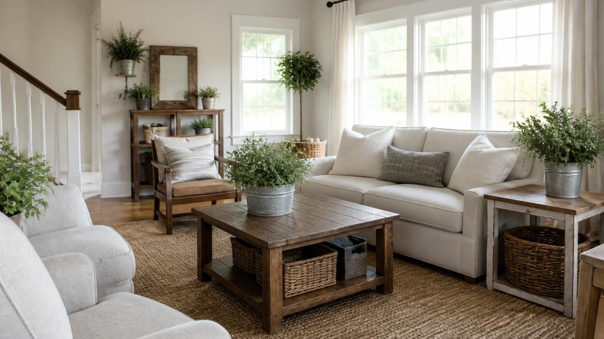 Cozy farmhouse living room featuring wooden furniture, neutral decor, and potted greenery by bright windows.