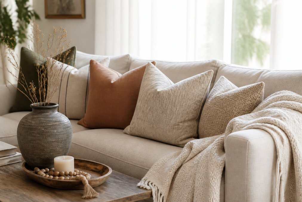 Living room sofa styled with layered throw pillows, a ceramic vase, and a woven blanket as curated accents.