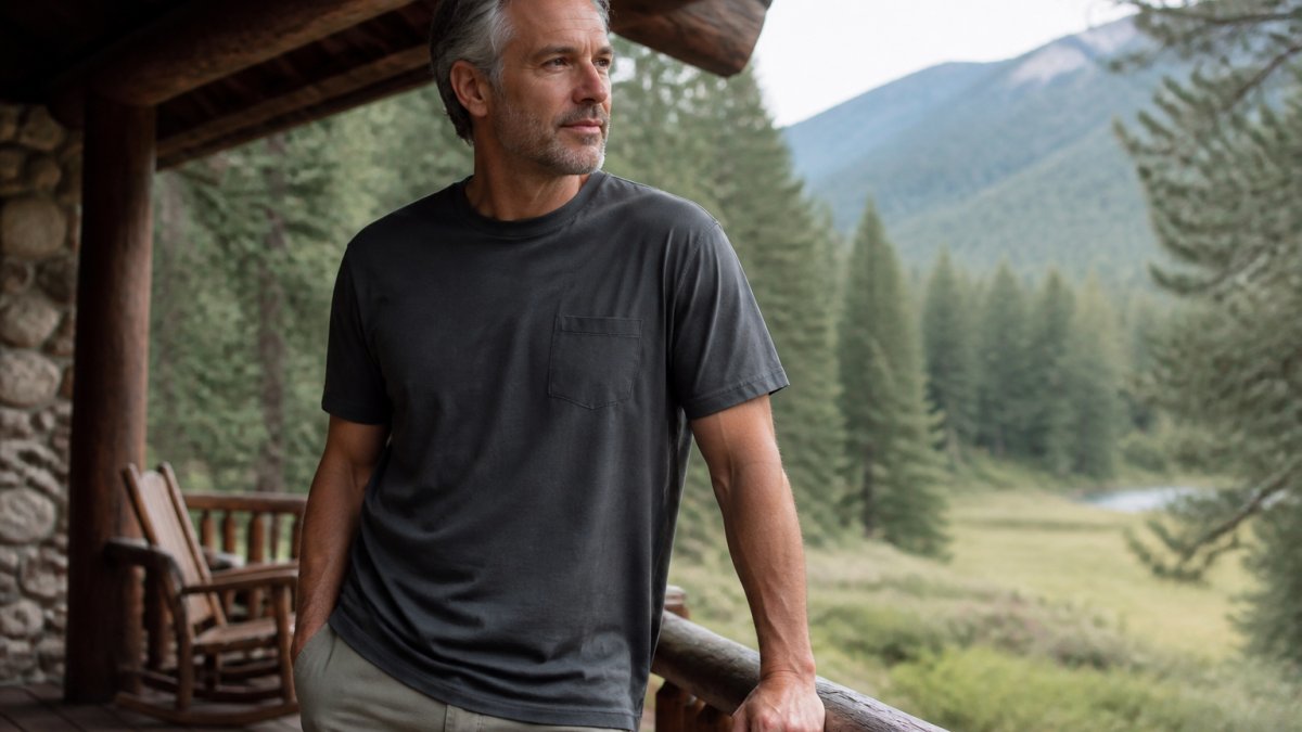 A man in his 40s wearing a relaxed graphic tee and quality casual apparel in natural light.