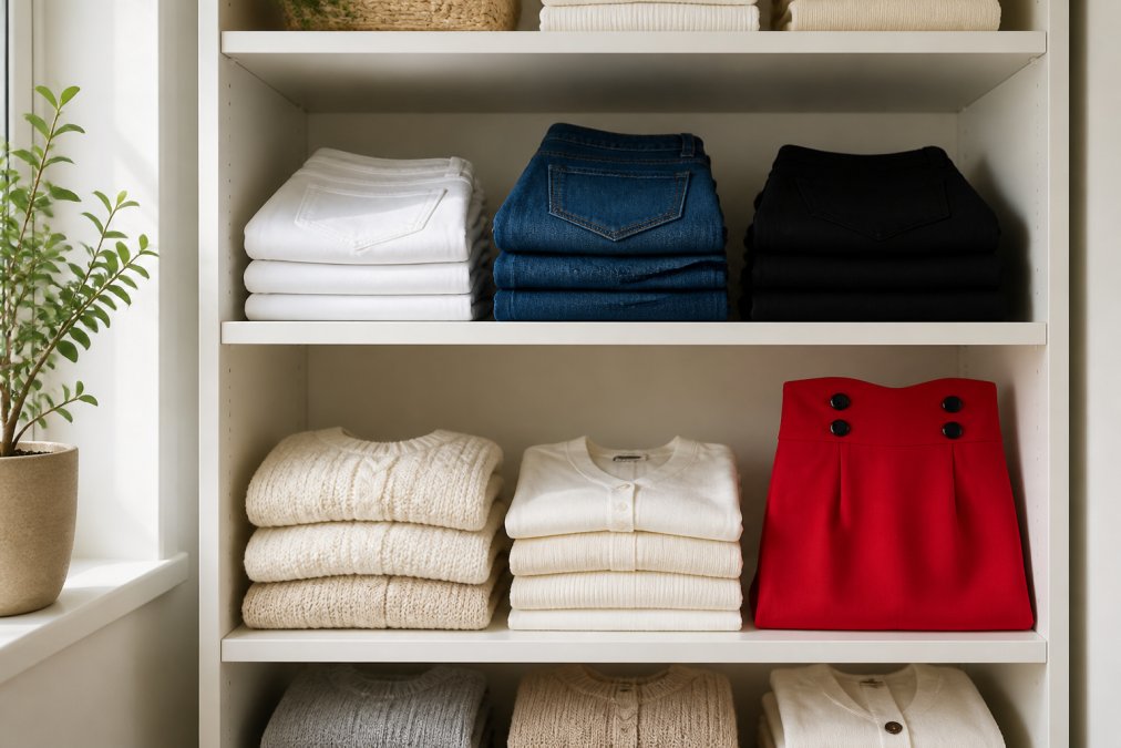 Organized closet display showing folded neutral-toned basics arranged neatly on shelves, including white denim, blue jeans, black trousers, and cream-colored tops stacked in neat piles with natural lighting from window