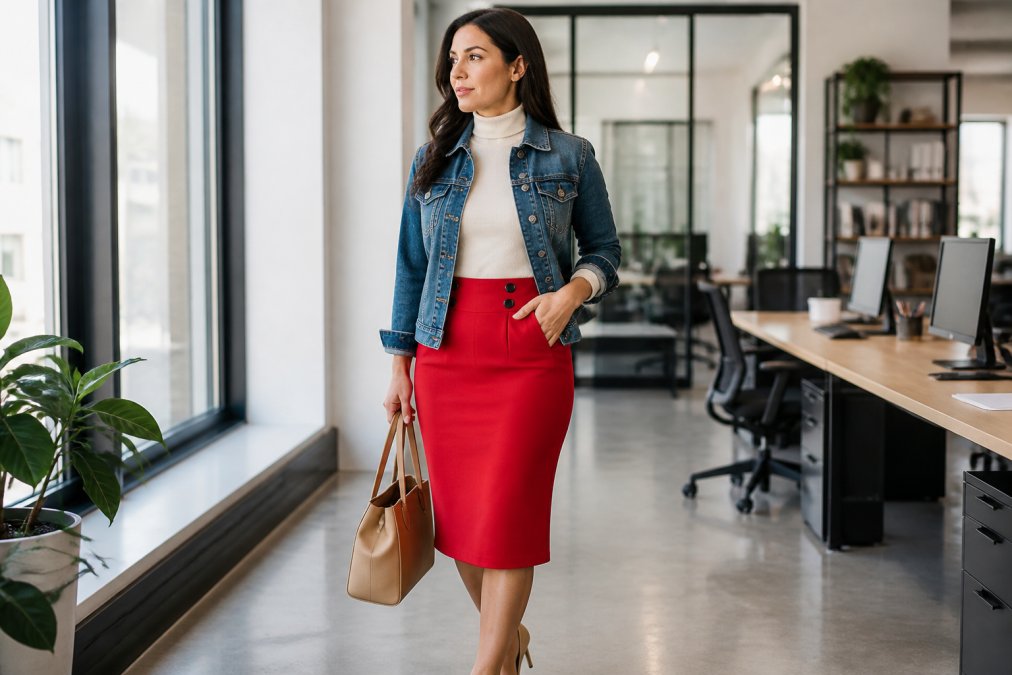 Professional woman wearing neutral-toned outfit demonstrating layering technique: cream turtleneck under denim jacket with white jeans, styled for work-to-casual transition, photographed in modern office setting with natural window lighting